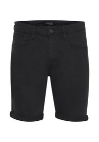 Black denim shorts with rolled cuffs, featuring five pockets and a front button closure. Smooth texture and classic design.
