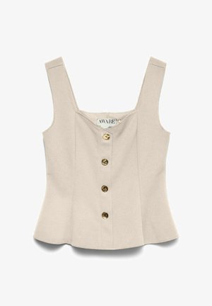 Beżowy top bez rękawów z szerokimi ramiączkami, kwadratowym dekoltem i czterema brązowymi guzikami z przodu, z napisem "AWARE" na wewnętrznej stronie kołnierzyka.