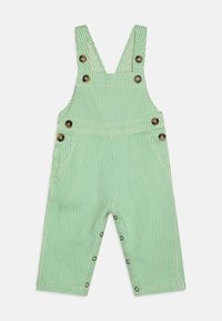 Grüne und weiße gestreifte Latzhosen mit verstellbaren Trägern, Metallknöpfen, seitlichen Taschen und Druckknöpfen am unteren Ende für einfaches An- und Ausziehen.