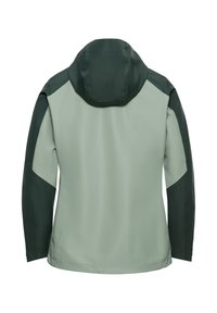 Wasserabweisende Jacke in Hellgrün mit dunklen grünen Akzenten, ausgestattet mit Kapuze, langen Ärmeln und einer glatten, matten Textur.