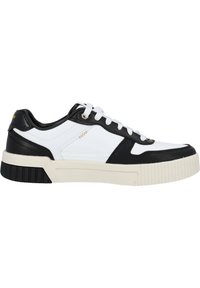 White and black sneaker with synthetic leather upper, lace-up design, rubber outsole, and textured accents. Gold logo detail on heel.