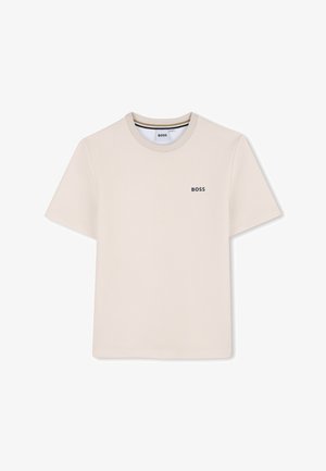 T-shirt beige chiaro a maniche corte con motivo a texture e collo rotondo. Presenta un piccolo logo "BOSS" ricamato sul petto.