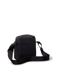 Borsa a tracolla nera con superficie testurizzata, forma quadrata, tracolla regolabile e un discreto motivo con logo sul davanti.