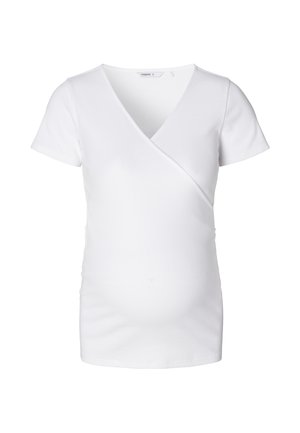 Weißes Umstands-Top mit kurzen Ärmeln, V-Ausschnitt und Wickeldesign. Hergestellt aus elastischem Stoff, mit glatter Textur und figurbetonter Passform.