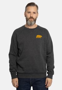 Dark gray sweatshirt with long sleeves, ribbed cuffs and hem, featuring a yellow bear outline embroidered on the left chest.