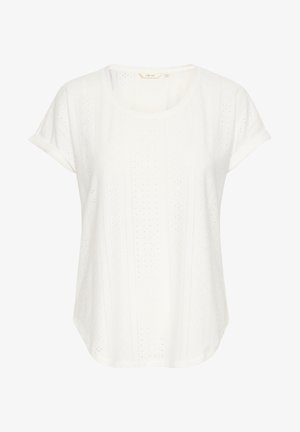 T-shirt blanc à manches courtes avec des découpes circulaires, un col rond et des détails de motif texturé, fabriqué en tissu léger.