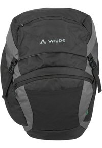 Zaino nero e grigio con tessuto texturizzato, tasche con zip, spallacci regolabili e un logo davanti; forma angolare e design durevole.