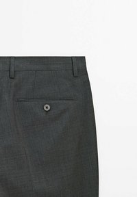 Gray tailored trousers with a smooth texture, featuring a single back pocket secured by a black button and belt loops.