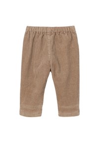Corduroy Babyhose in einem hellbraunen Farbton, mit elastischem Bund, geradem Schnitt und subtiler, vertikaler Ripptextur.
