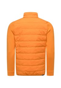 Giacca imbottita arancione con colletto alto, maniche lunghe e texture liscia. Il retro presenta un motivo trapuntato con cuciture orizzontali.