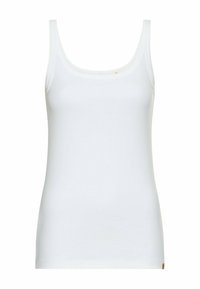 Weißes Tanktop aus glattem Baumwollmaterial, mit rundem Ausschnitt, schmalen Trägern und figurbetonter Form. Keine sichtbaren Muster oder Verzierungen.