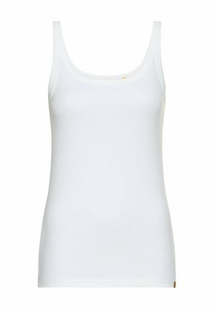 Weißes Tanktop aus glattem Baumwollmaterial, mit rundem Ausschnitt, schmalen Trägern und figurbetonter Form. Keine sichtbaren Muster oder Verzierungen.