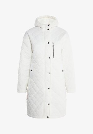 Biały pikowany długi płaszcz z kapturem, z zatrzaskami i zamkniętą kieszenią na piersi. Gładki materiał i prosty krój.