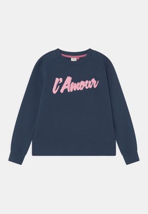 Marineblauer Pullover mit langen Ärmeln und pinkfarbenem, flauschigem Schriftzug "l'Amour" über der Brust, gerippte Bündchen und Saum.