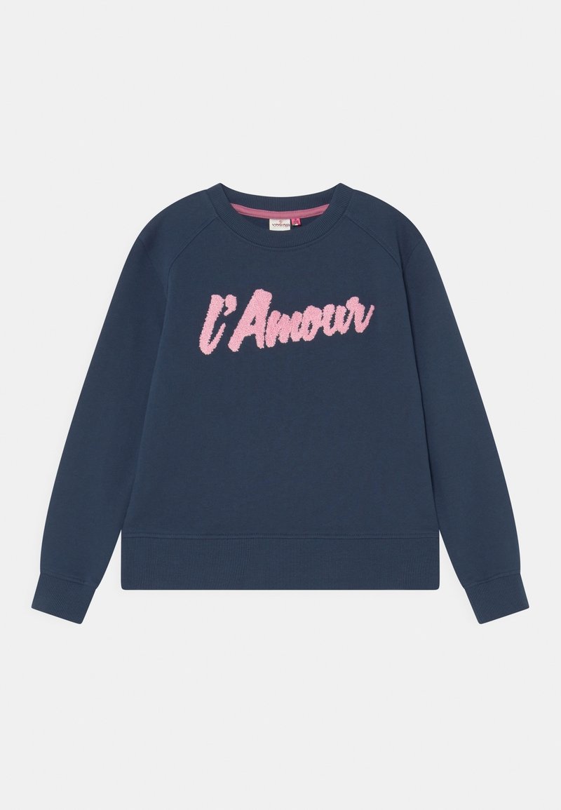 Sweat-shirt bleu marine à manches longues avec le texte rose duveteux "l'Amour" sur la poitrine, poignets et ourlet côtelés.