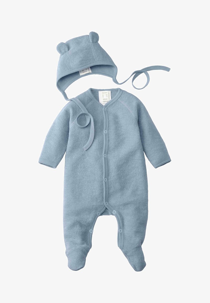 Lichtblauwe, zachte gebreide romper met lange mouwen en drukknoopsluitingen. Inclusief een bijpassende muts met berenoren en strikjes.