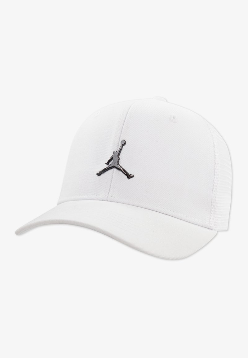 Cappellino da baseball bianco con design strutturato, caratterizzato da un logo Jordan nero sulla parte frontale. Tessuto liscio, visiera curva e retro in rete.