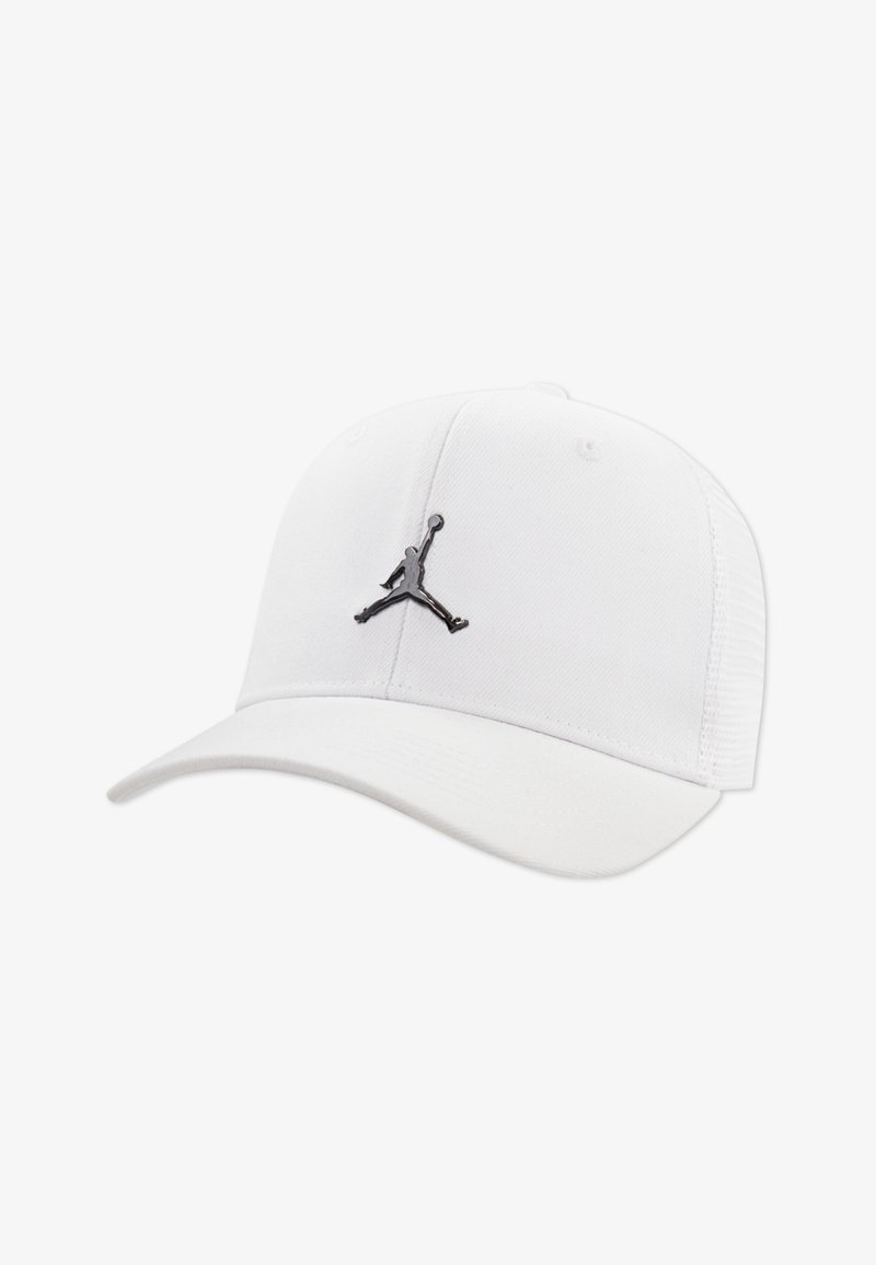 Cappellino da baseball bianco con design strutturato, caratterizzato da un logo Jordan nero sulla parte frontale. Tessuto liscio, visiera curva e retro in rete.