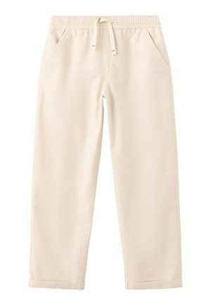 Pantalon décontracté beige avec taille élastique, cordon de serrage, poches latérales et ourlets retroussés.