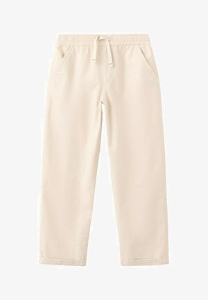 Beige casual pants with elastic waistband, drawstring, side pockets, and cuffed hems.