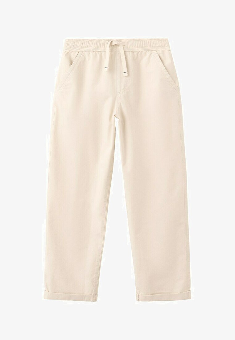 Pantalon décontracté beige avec taille élastique, cordon de serrage, poches latérales et ourlets retroussés.