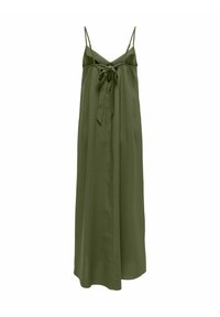 Longue robe sans manches vert olive avec fines bretelles et détail de noeud noué à l'avant.