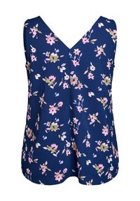 Top senza maniche di colore blu navy con scollatura a V, decorato con un motivo floreale nei toni del rosa, verde e bianco. Tessuto morbido con una vestibilità fluida.