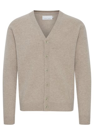 Beige cardigan laget av mykt stoff, med v-hals, syv knapper, ribbede mansjetter og nederkant, med en glatt tekstur.