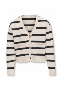 Kremni kardigan z črnimi vodoravnimi črtami, V-izrezom, petimi gumbi in dvema sprednjima žepoma. Mehka tekstura z rebrastimi manšetami in robom.
