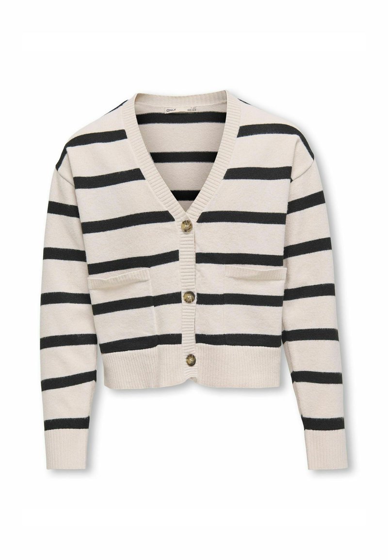 Kremni kardigan z črnimi vodoravnimi črtami, V-izrezom, petimi gumbi in dvema sprednjima žepoma. Mehka tekstura z rebrastimi manšetami in robom.