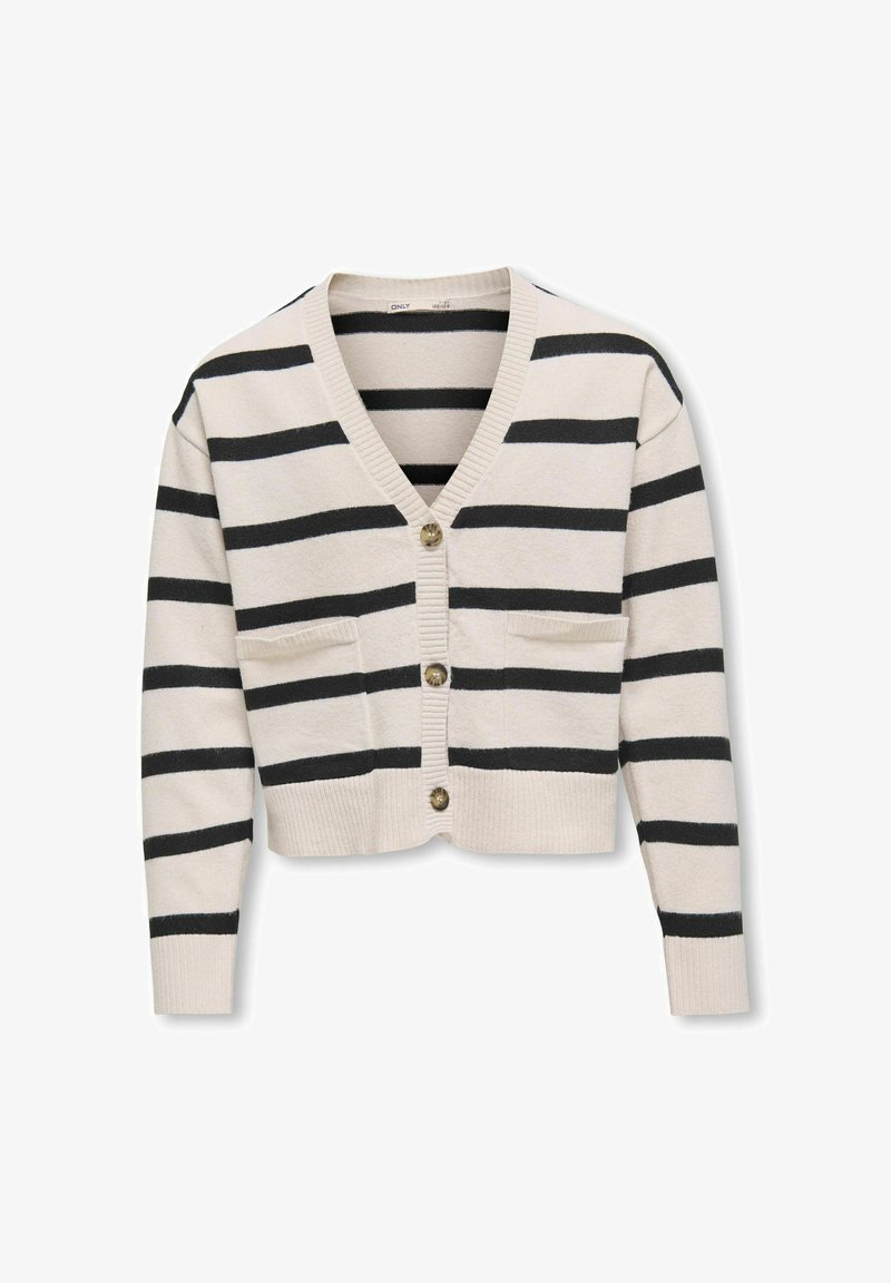 Kremveida kardigāns ar melnām horizontālām svītrām, ar V veida kakla izgriezumu, piecām pogām un divām priekšējām kabatām. Mīksta tekstūra ar ribotām aprocēm un apakšmalu.