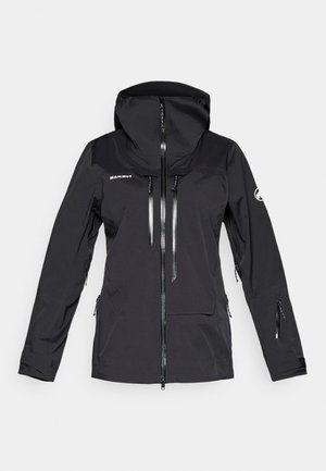 Svart vattentät jacka med huva, framtill dragkedja, bröst- och sidofickor samt justerbara ärmar. Har ett mjukt tyg och minimalistisk design.
