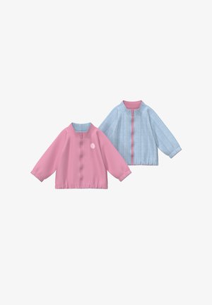 Wendbare Kinderjacke mit einer pinkfarbenen, einfarbigen Seite und einer blau-weiß gestreiften Seite, ausgestattet mit Frontreißverschlüssen und runden Krägen.