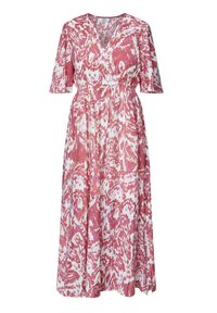 Blomster maxi kjole i pink og hvid med korte ærmer, V-udskæring, elastisk talje og et flydende design med et marmor mønster.