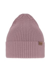 Pink knitted beanie with vertical ribbing texture. Features a rolled brim and a small brown leather tag accented on the side.