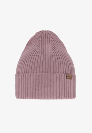 Roze gebreide muts met verticale ribbelstructuur. Voorzien van een omgeslagen rand en een klein bruin leren label aan de zijkant.