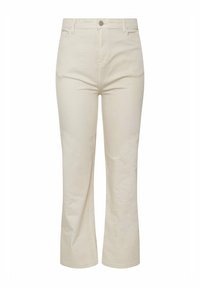 Beiga raka jeans i bomull med hög midja, fem fickor, bältesloopar och en subtil textur med ton-i-ton söm.