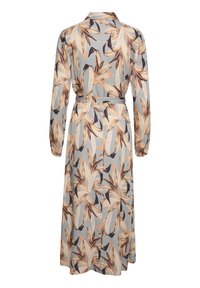 Langärmliges Kleid aus weichem Stoff mit einem blauen Hintergrund und einem Blumenmuster in Beige und Schwarz. Mit Kragen und Taillengürtel.