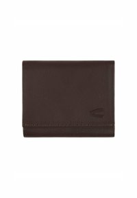Brązowy skórzany portfel o gładkiej fakturze, dwustronny design, z przeszyciem na dolnej krawędzi i subtelnym wytłoczonym logo.