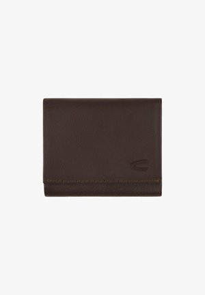 Bruine leren portemonnee met een gladde textuur, met een bi-fold ontwerp, featuring stiksels op de onderrand en een subtiel reliëflogo.