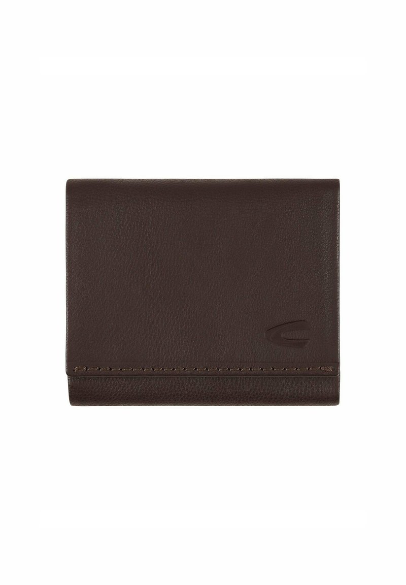 Brązowy skórzany portfel o gładkiej fakturze, dwustronny design, z przeszyciem na dolnej krawędzi i subtelnym wytłoczonym logo.