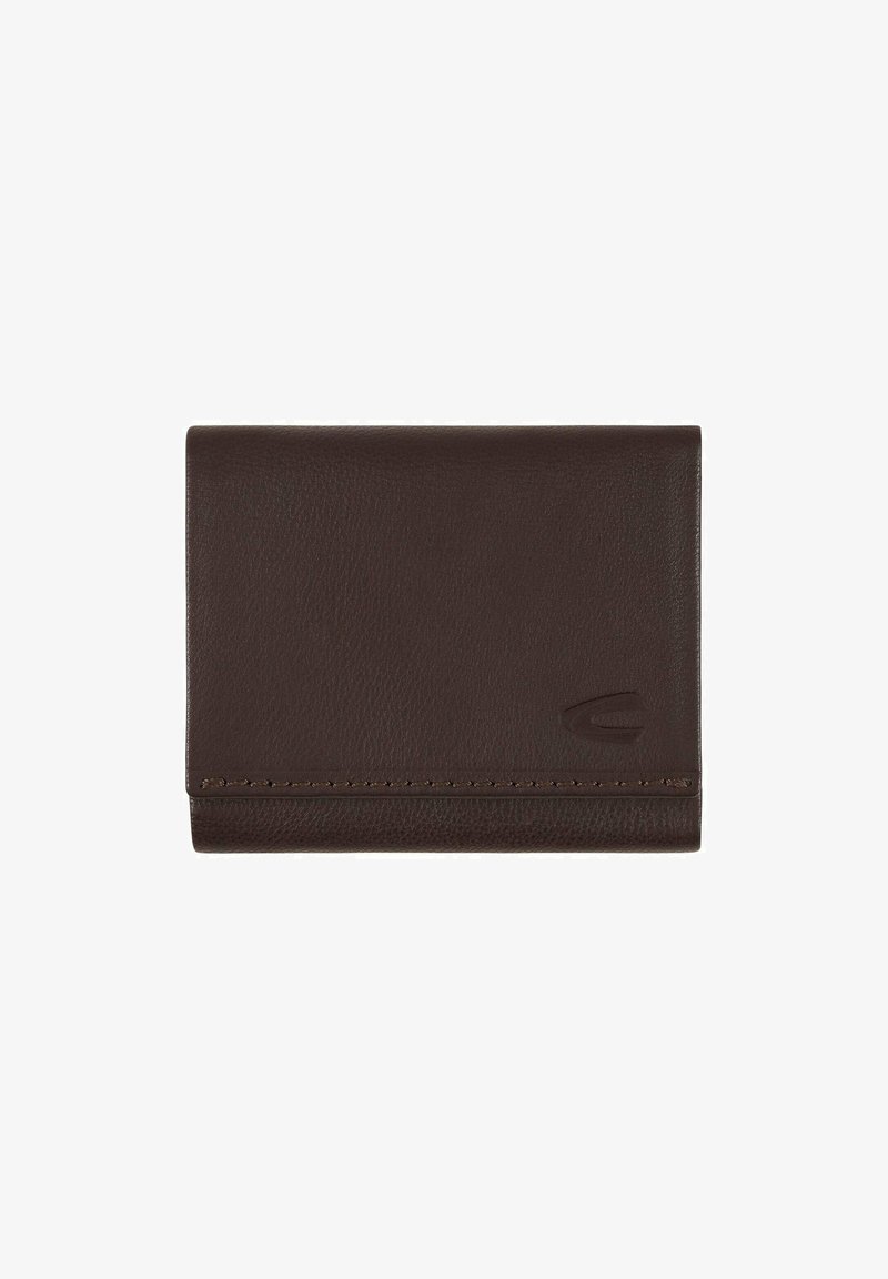 Brązowy skórzany portfel o gładkiej fakturze, dwustronny design, z przeszyciem na dolnej krawędzi i subtelnym wytłoczonym logo.