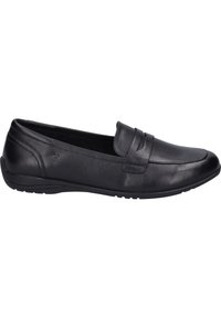 Mocasines de cuero negro con punta redonda, vampiro cosido y suela de goma texturizada. Presenta un acabado liso y un sutil arrugado.