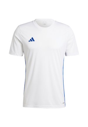 Weißes Sport-T-Shirt mit kurzen Ärmeln, mit blauen Seiteneinsätzen und einem Adidas-Logo auf der Brust. Hergestellt aus einem leichten, atmungsaktiven Stoff.