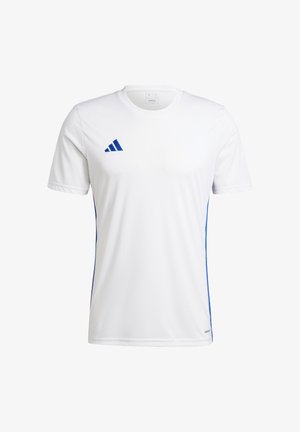 Weißes Sport-T-Shirt mit kurzen Ärmeln, mit blauen Seiteneinsätzen und einem Adidas-Logo auf der Brust. Hergestellt aus einem leichten, atmungsaktiven Stoff.