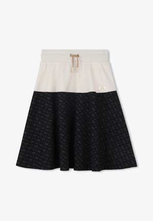 Zwarte en crème rok met een elastische tailleband, trekkoord en een patroon op de onderste helft met een textuur in zwart. Logo op de tailleband.