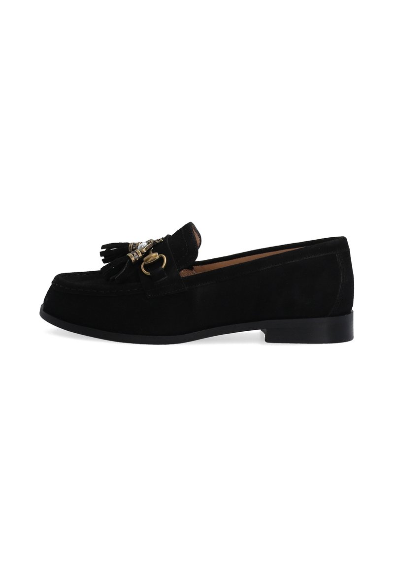 Schwarze Wildlederschuhe im Loafer-Stil mit einer dekorativen Quaste und goldfarbenen Hardware-Details. Sie besitzen eine flache Sohle und eine glatte, strukturierte Oberflächenbeschaffenheit.