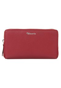 Red leather wallet with a textured surface, zip closure, and silver logo detail. Compact rectangular shape with subtle accents.