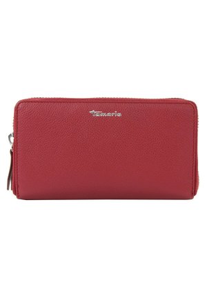 Red leather wallet with a textured surface, zip closure, and silver logo detail. Compact rectangular shape with subtle accents.