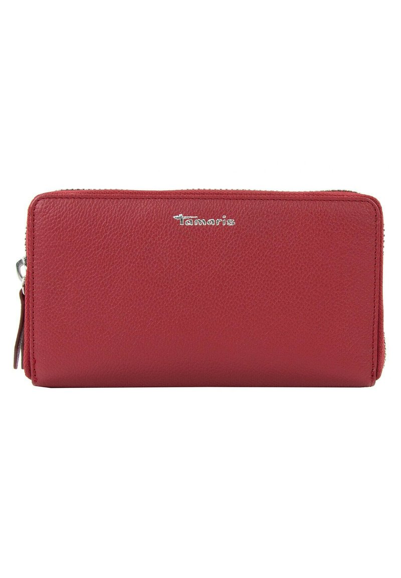 Red leather wallet with a textured surface, zip closure, and silver logo detail. Compact rectangular shape with subtle accents.